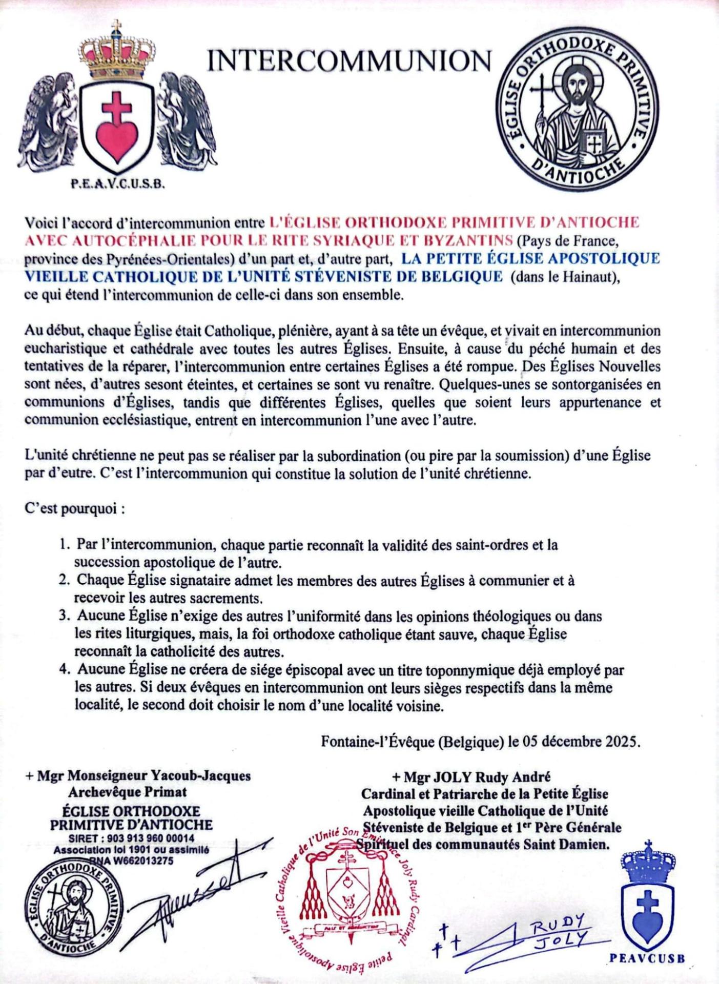 Intercommunion de L'ÉGLISE ORTHODOXE PRIMITIVE D’ANTIOCHE AVEC AUTOCÉPHALIE POUR LE RITE SYRIAQUE ET BYZANTINS